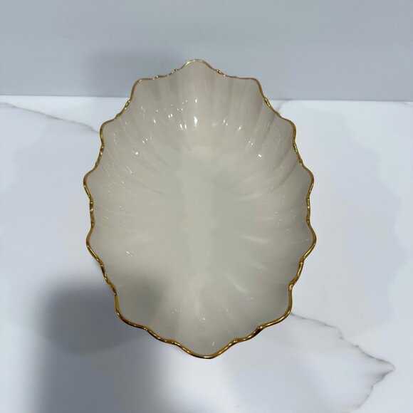 VTG MCM Lenox Scalloped Edge Centerpiece Bowl Ivory 24K Gold Trim Trinket Dish - Picture 3 of 10